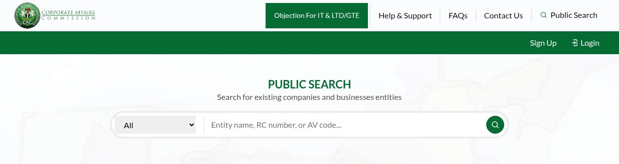 CAC's free Public Search: type an entity name or RC/BN number to see if a business exists. Source: search.cac.gov.ng