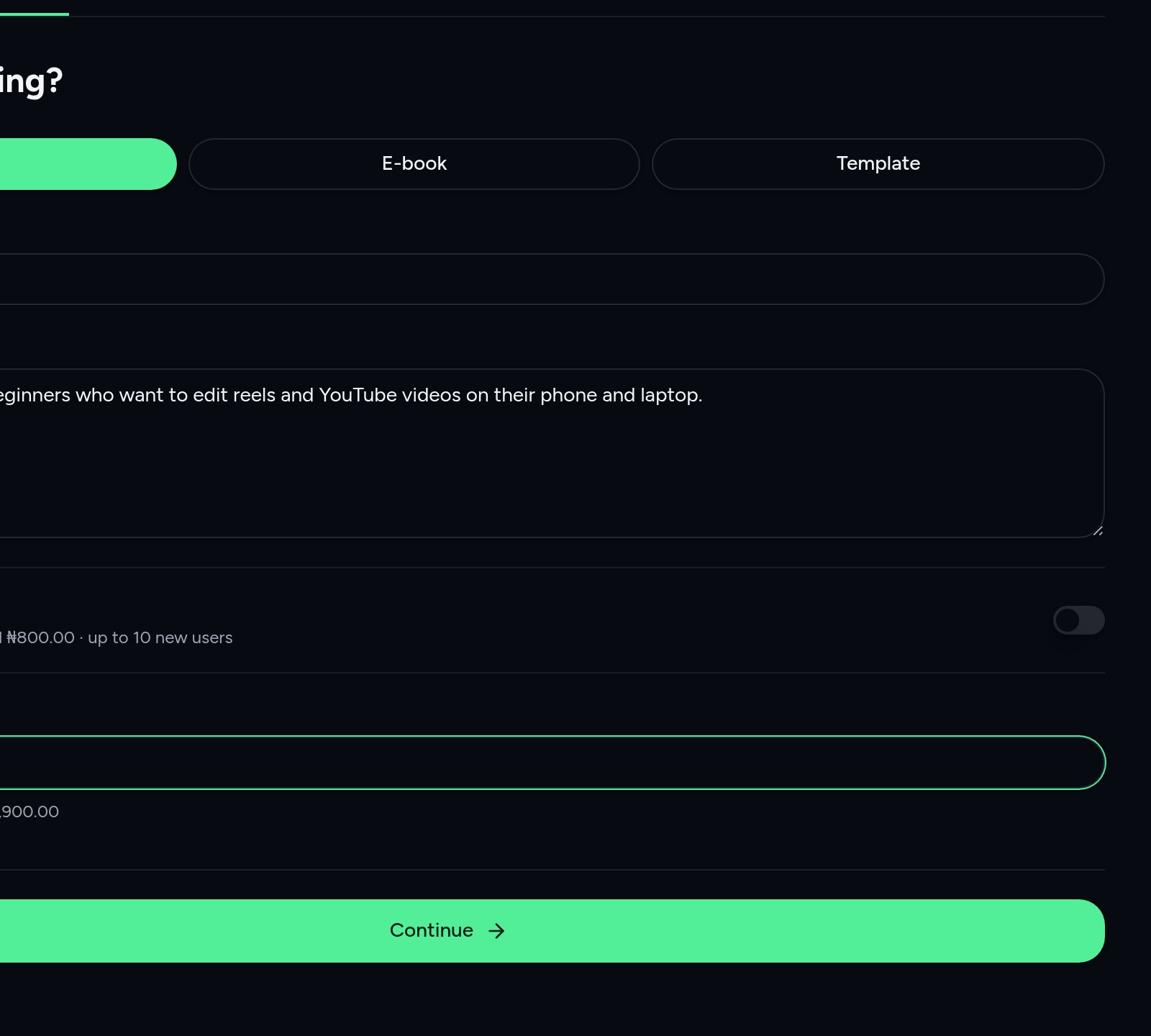 Step 1 of New Product: format, name and price — your fee and payout show as you type.