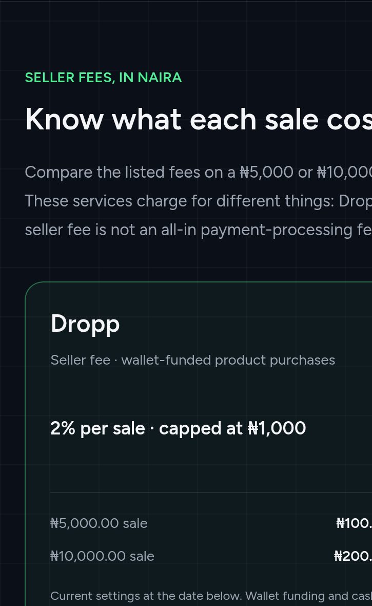 The seller-fee comparison on dropp.cash: Dropp's 2% stops at ₦1,000.