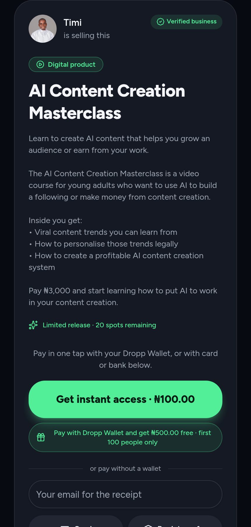 A published course sales page on Dropp.